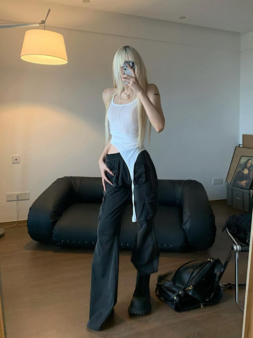 Rase le sol Washed Black American Utility Cargo Slight Flare Women's Straight-leg Pants