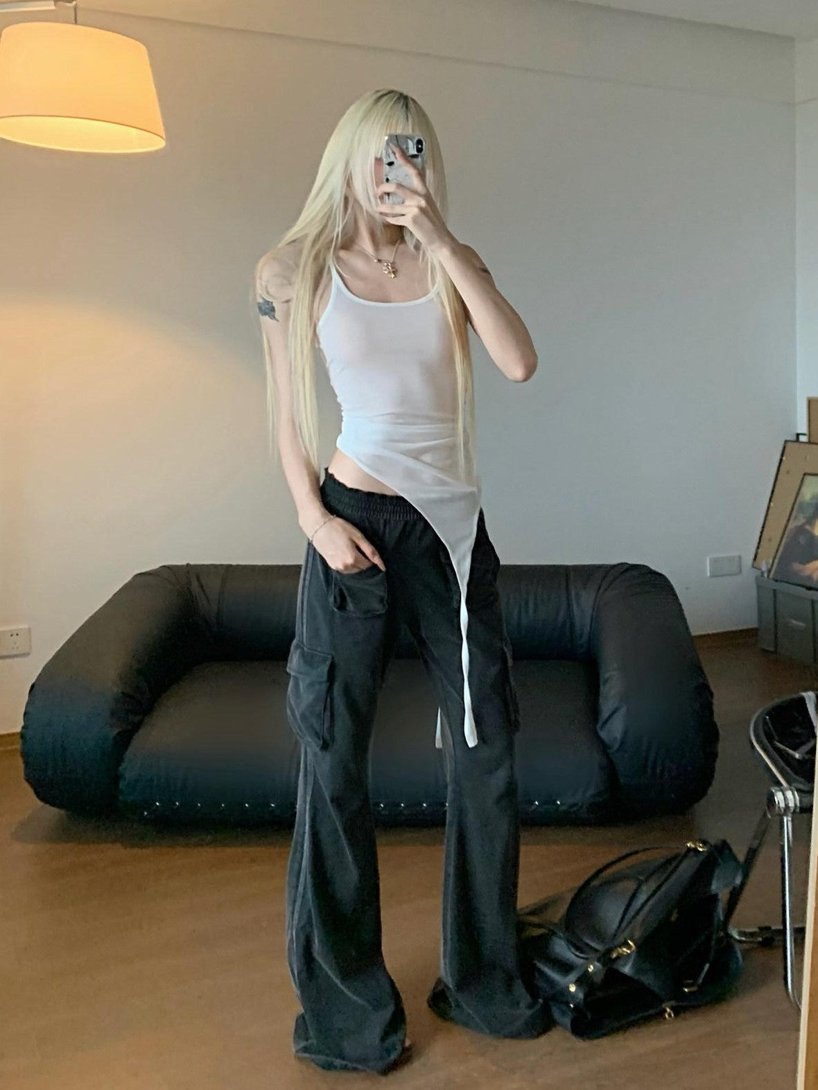 Rase le sol Washed Black American Utility Cargo Slight Flare Women's Straight-leg Pants