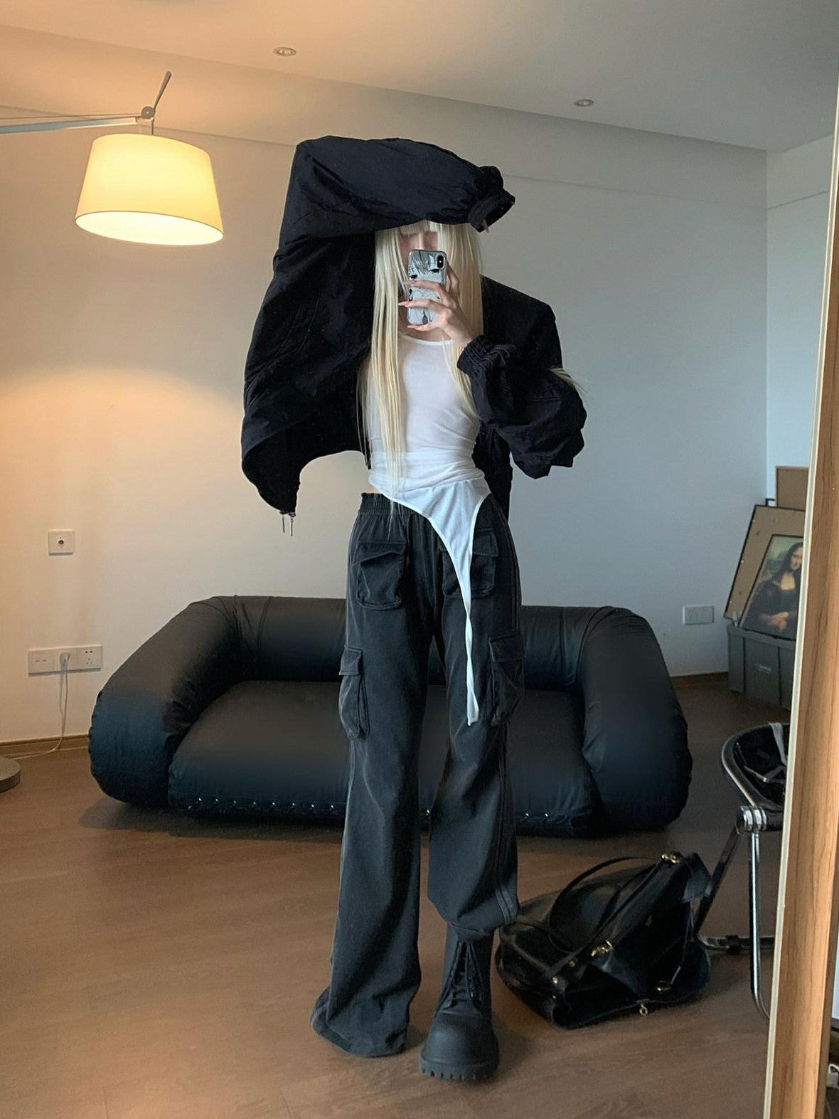 Rase le sol Washed Black American Utility Cargo Slight Flare Women's Straight-leg Pants