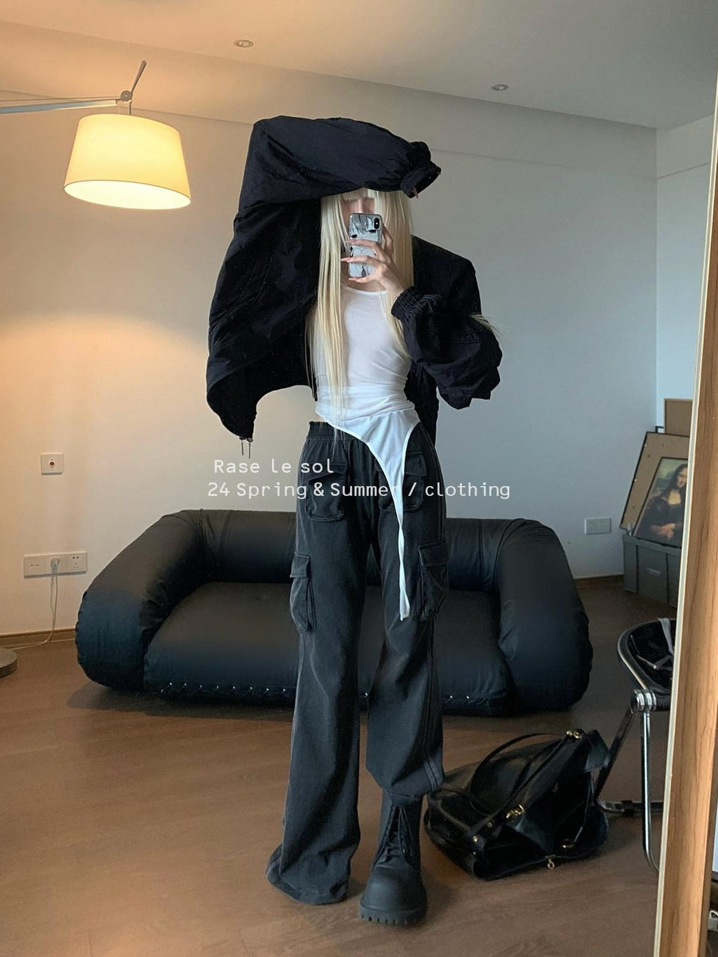Rase le sol Washed Black American Utility Cargo Slight Flare Women's Straight-leg Pants