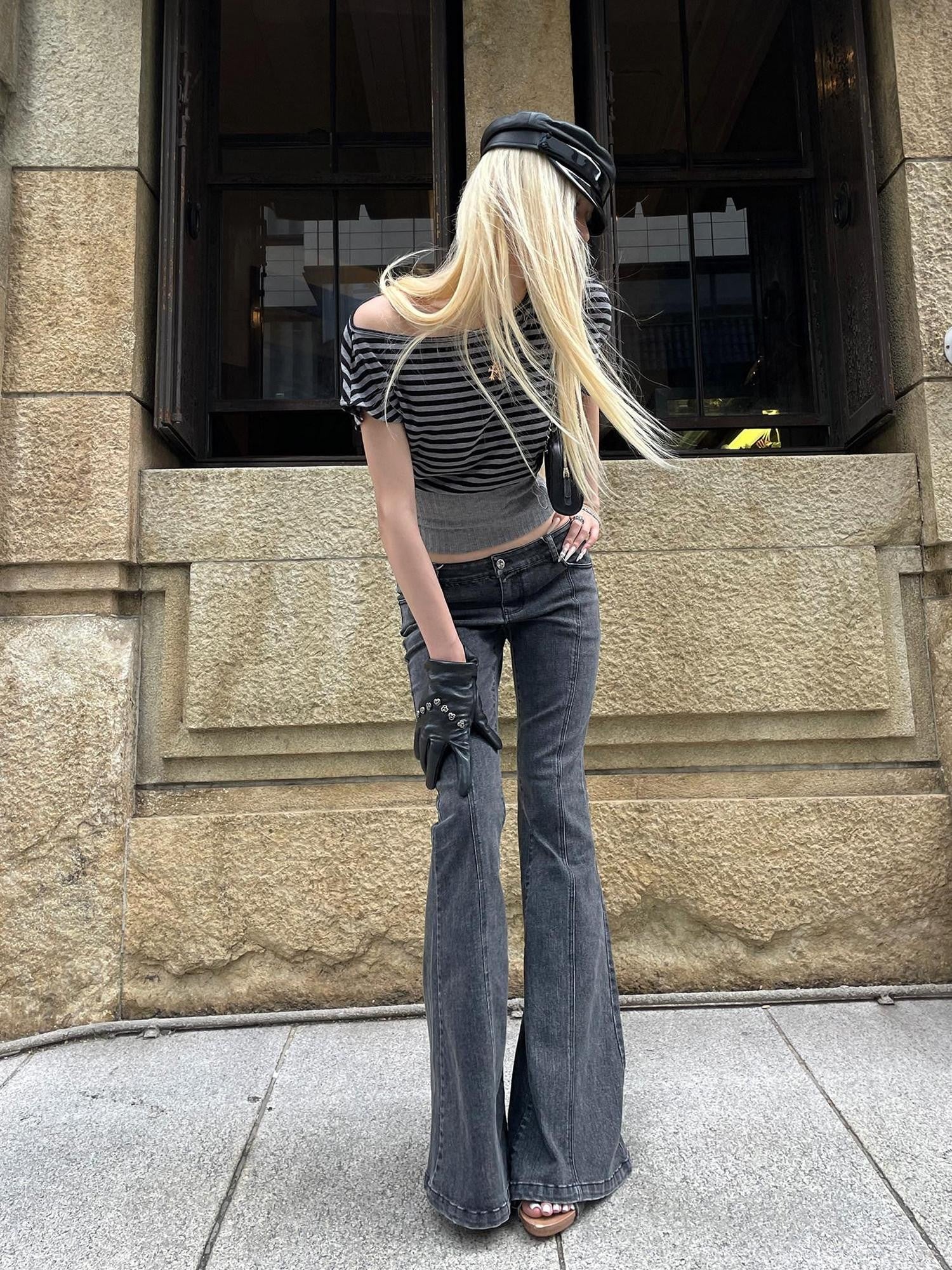 Rase le sol Washed Black Skinny Low Rise Micro Flare Women's Denim Bootcut Jeans