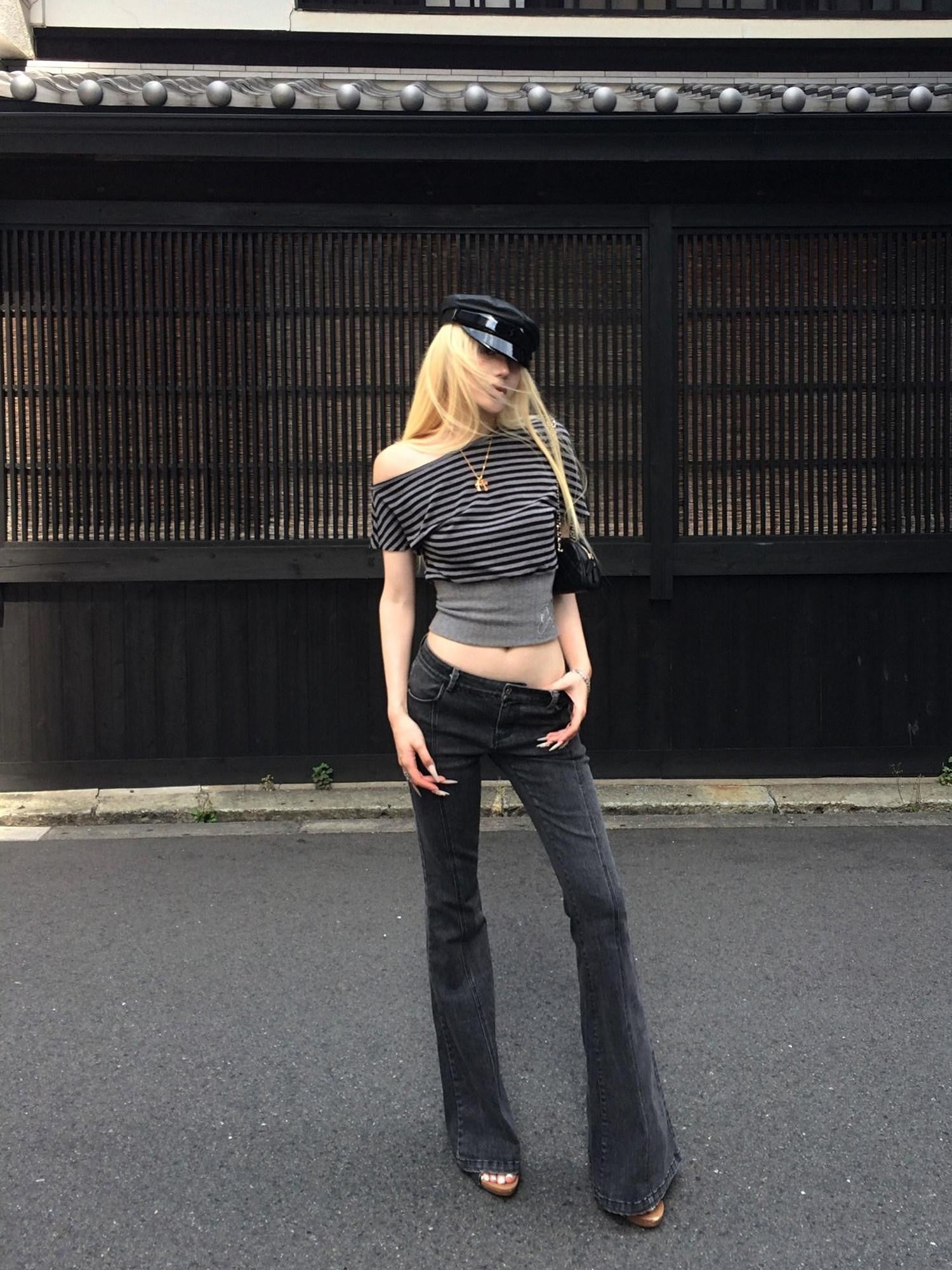 Rase le sol Washed Black Skinny Low Rise Micro Flare Women's Denim Bootcut Jeans