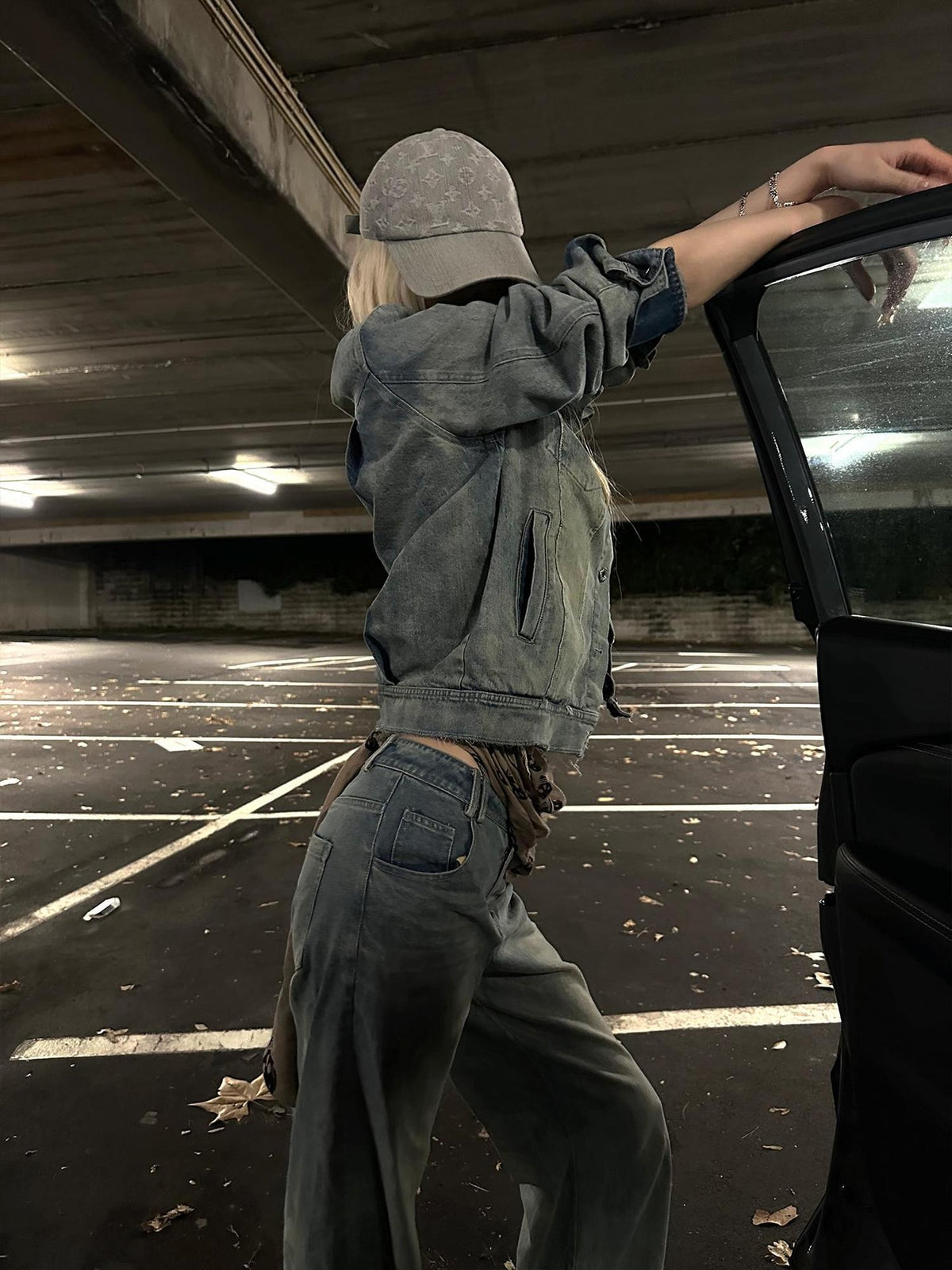 Rase le sol Washed Distressed Denim Button Up Women's Cotton Casual Top & Pants Sets