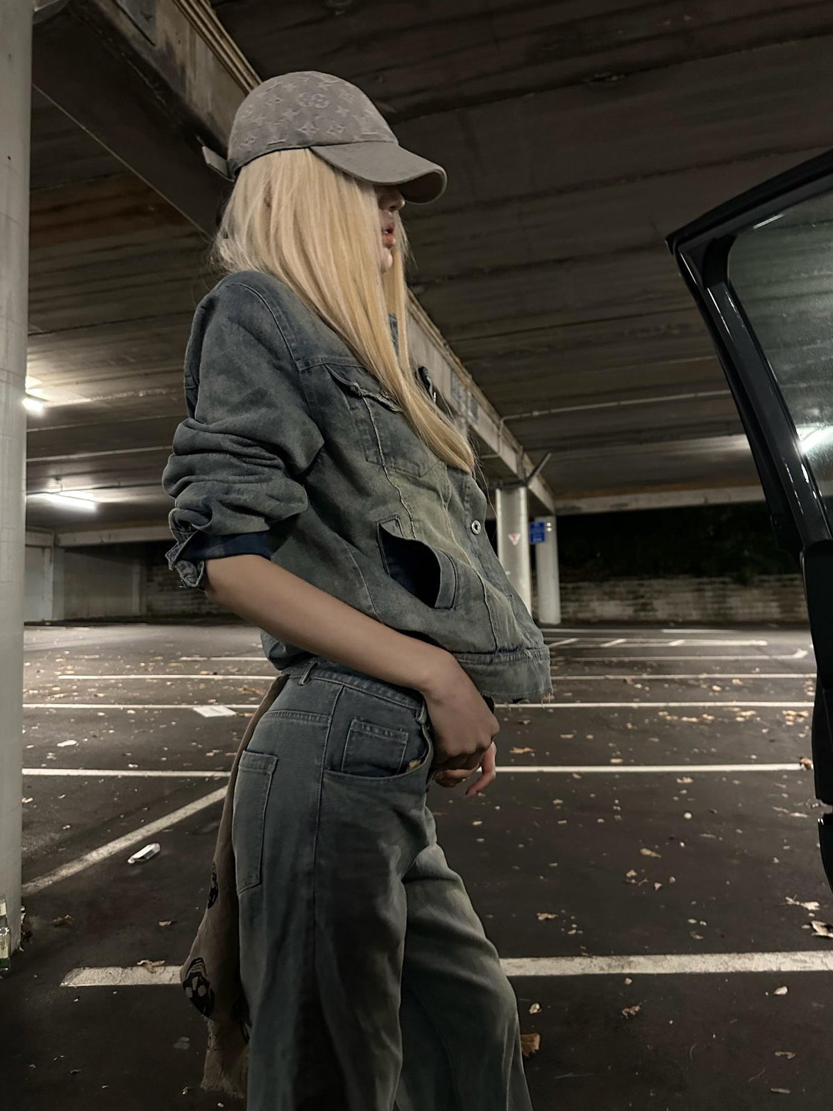 Rase le sol Washed Distressed Denim Button Up Women's Cotton Casual Top & Pants Sets