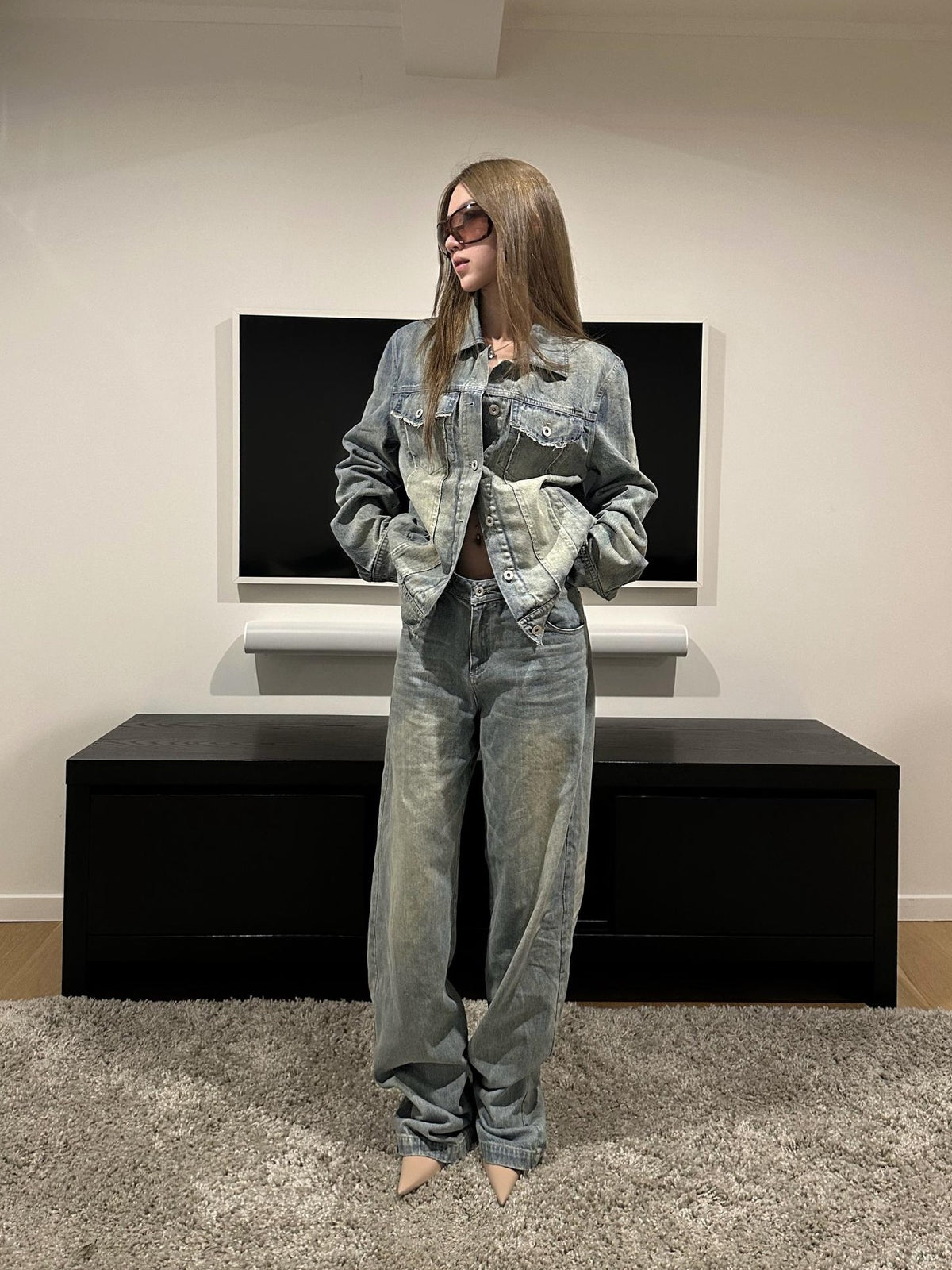 Rase le sol Washed Distressed Denim Button Up Women's Cotton Casual Top & Pants Sets