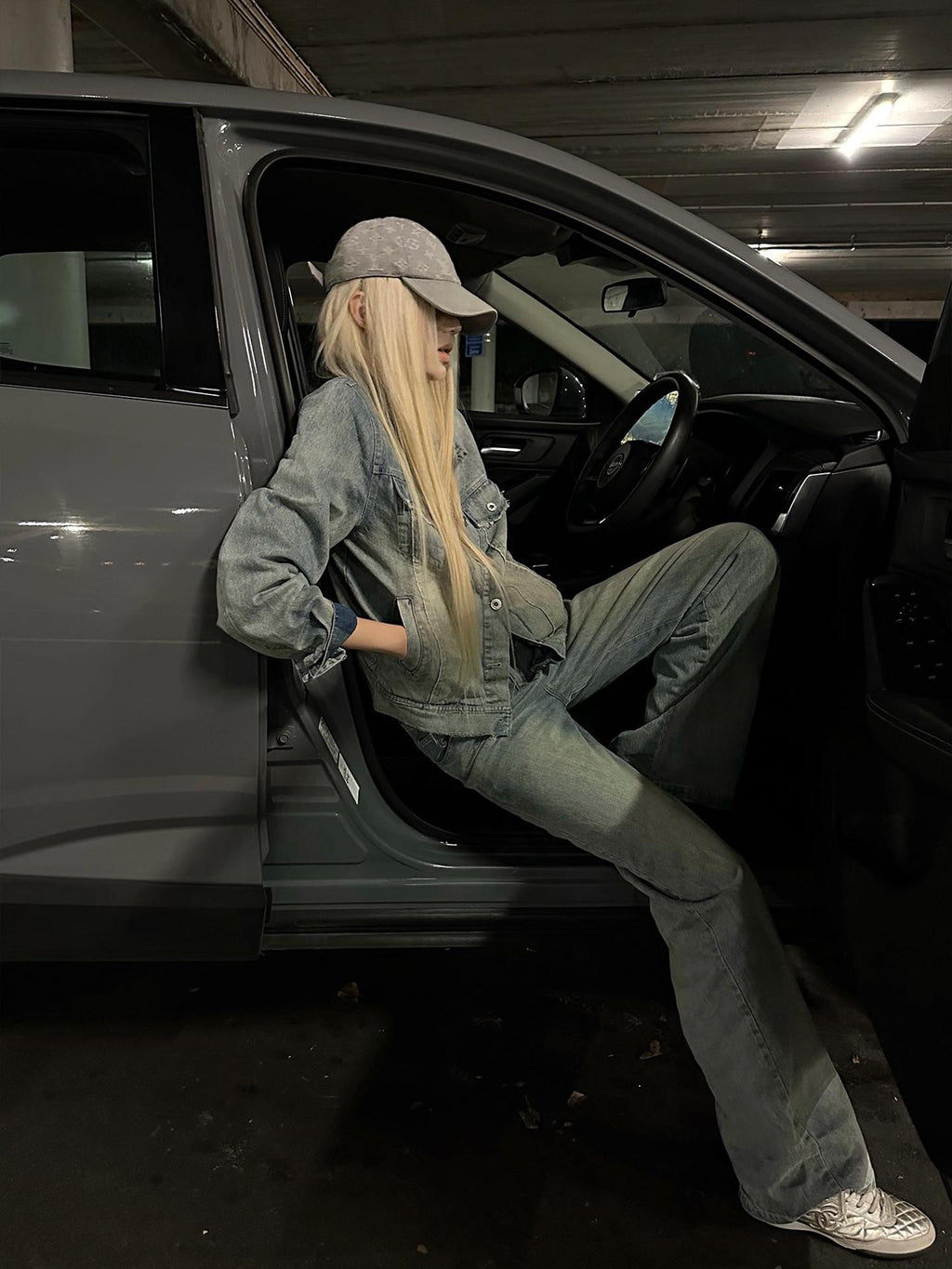 Rase le sol Washed Distressed Denim Button Up Women's Cotton Casual Top & Pants Sets