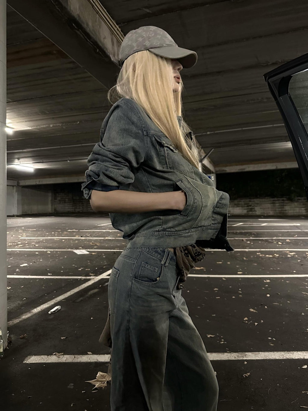 Rase le sol Washed Distressed Denim Button Up Women's Cotton Casual Top & Pants Sets