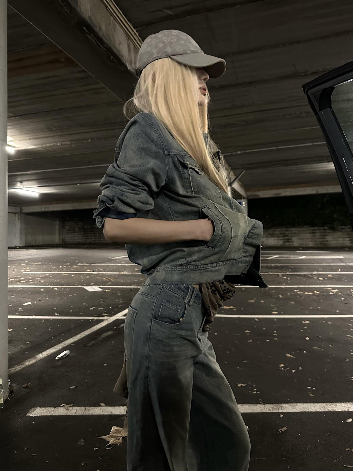 Rase le sol Washed Distressed Denim Button Up Women's Cotton Casual Top & Pants Sets