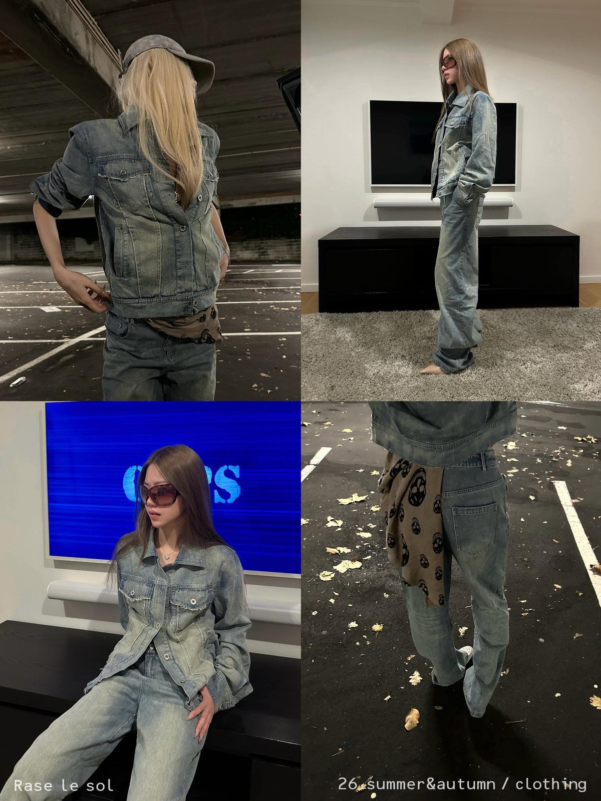 Rase le sol Washed Distressed Denim Button Up Women's Cotton Casual Top & Pants Sets