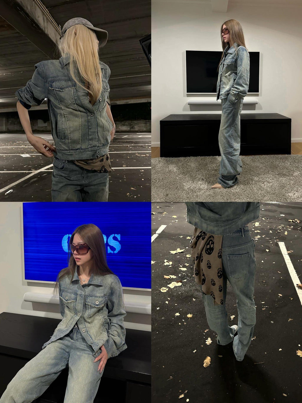 Rase le sol Washed Distressed Denim Button Up Women's Cotton Casual Top & Pants Sets