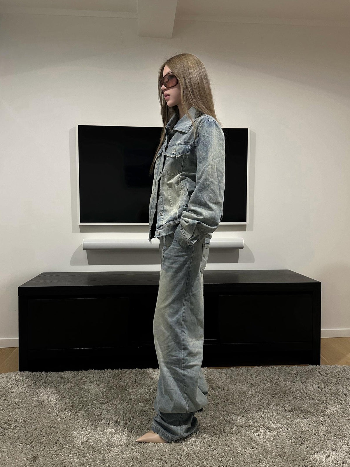 Rase le sol Washed Distressed Denim Women's Cotton Casual Top & Pants Sets