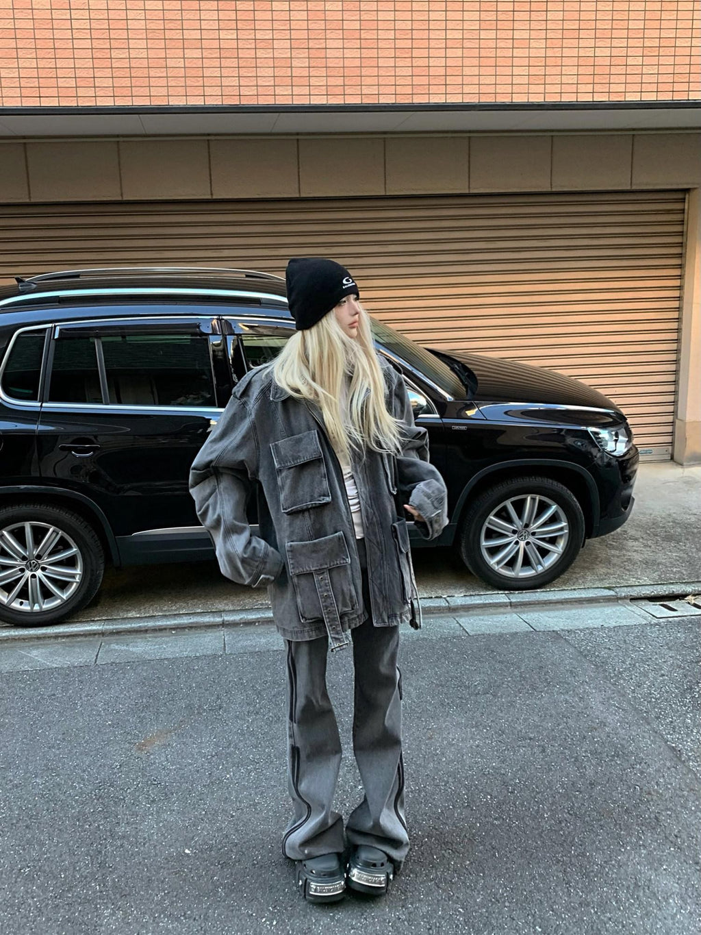 Rase le sol Washed Gray Workwear Cargo Oversized Boxy Women's Denim Jackets