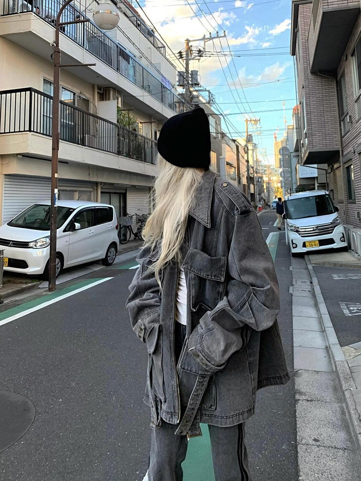 Rase le sol Washed Gray Workwear Cargo Oversized Boxy Women's Denim Jackets