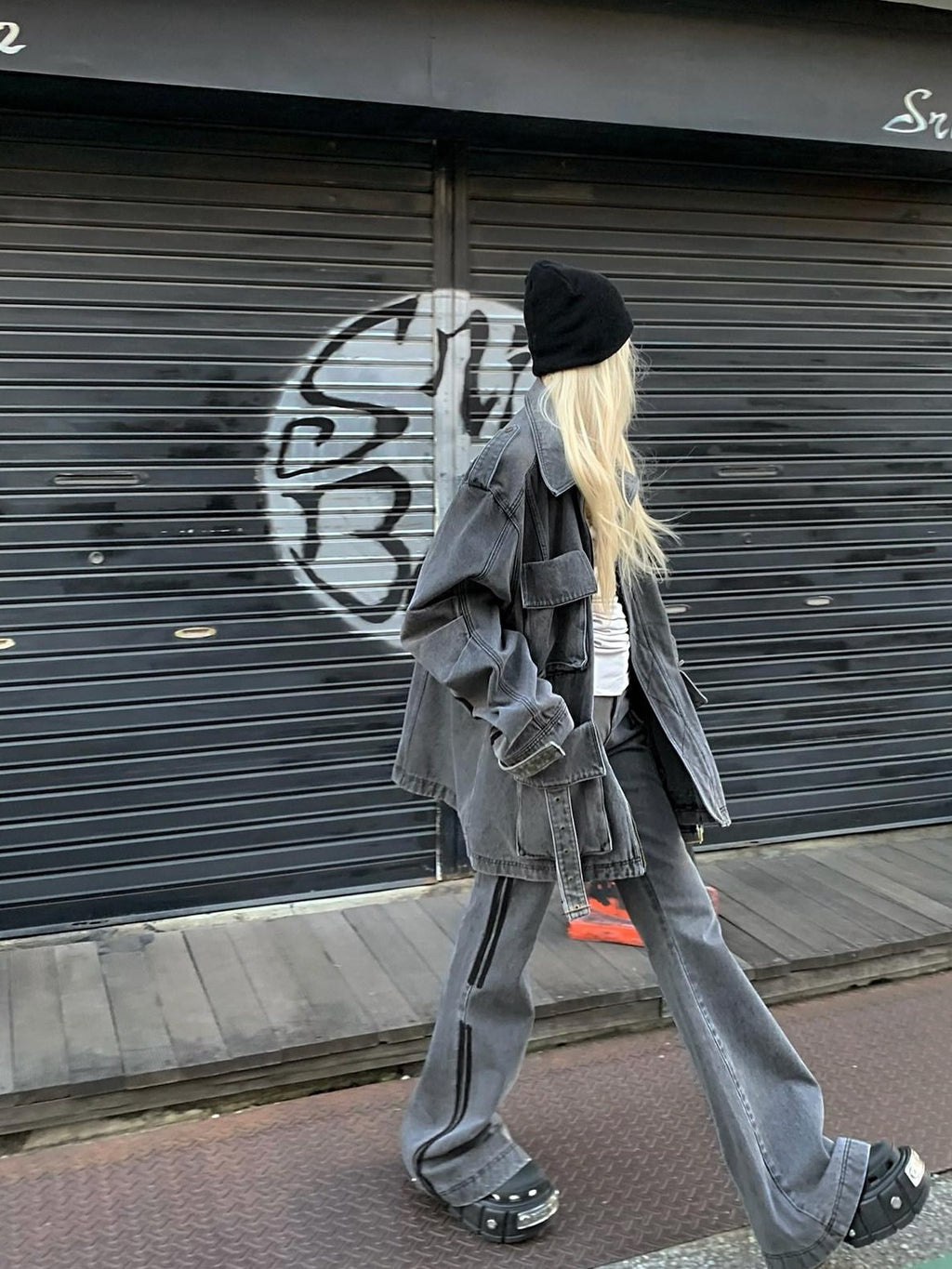 Rase le sol Washed Gray Workwear Cargo Oversized Boxy Women's Denim Jackets