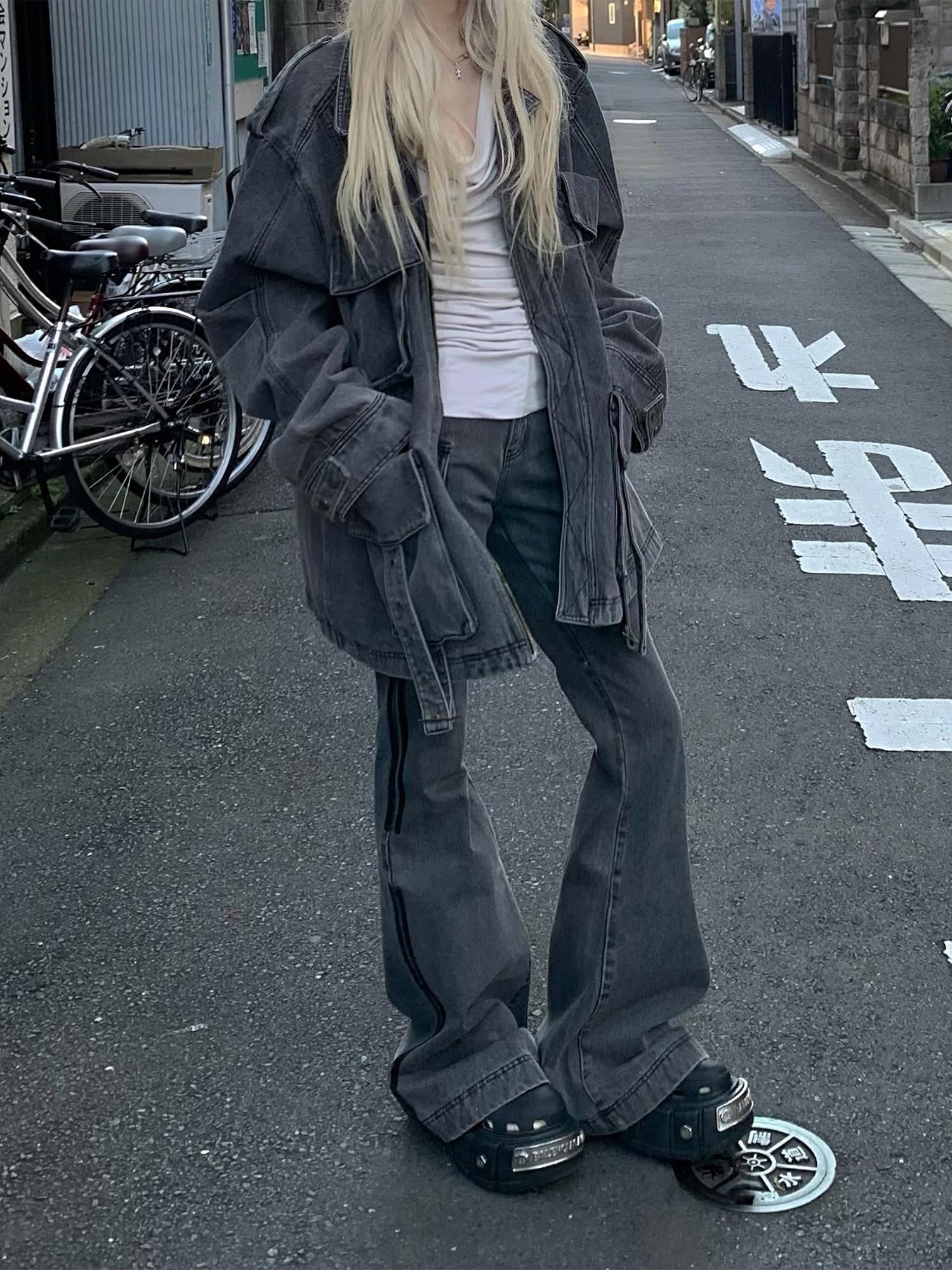 Rase le sol Washed Gray Workwear Cargo Oversized Boxy Women's Denim Jackets