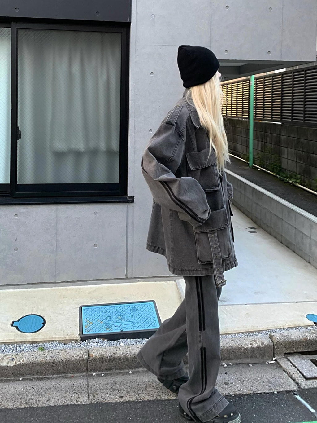 Rase le sol Washed Gray Workwear Cargo Oversized Boxy Women's Denim Jackets