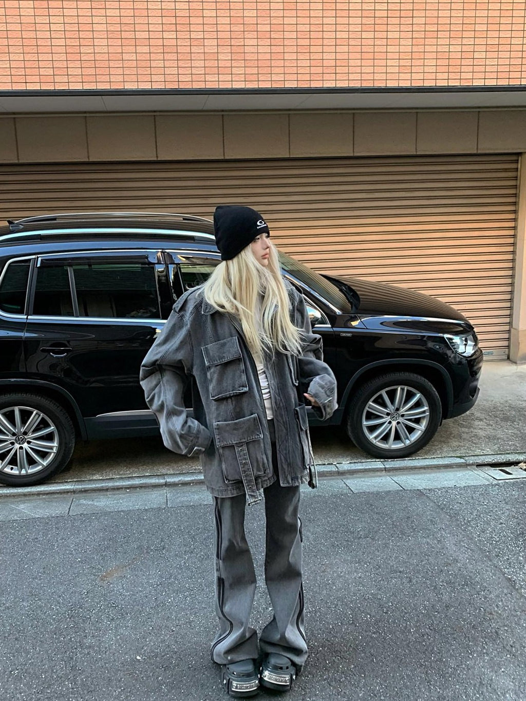 Rase le sol Washed Gray Workwear Cargo Oversized Boxy Women's Denim Jackets