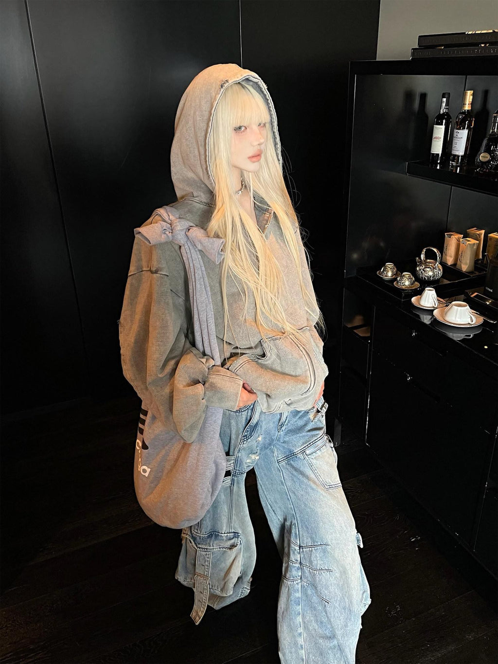 Rase le sol Washed Grey Retro Long Sleeve Loose Hooded Women's Zip-up Hoodies
