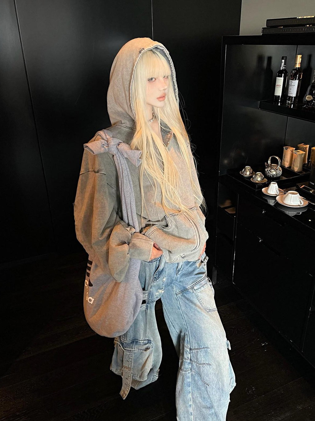 Rase le sol Washed Grey Retro Long Sleeve Loose Hooded Women's Zip-up Hoodies