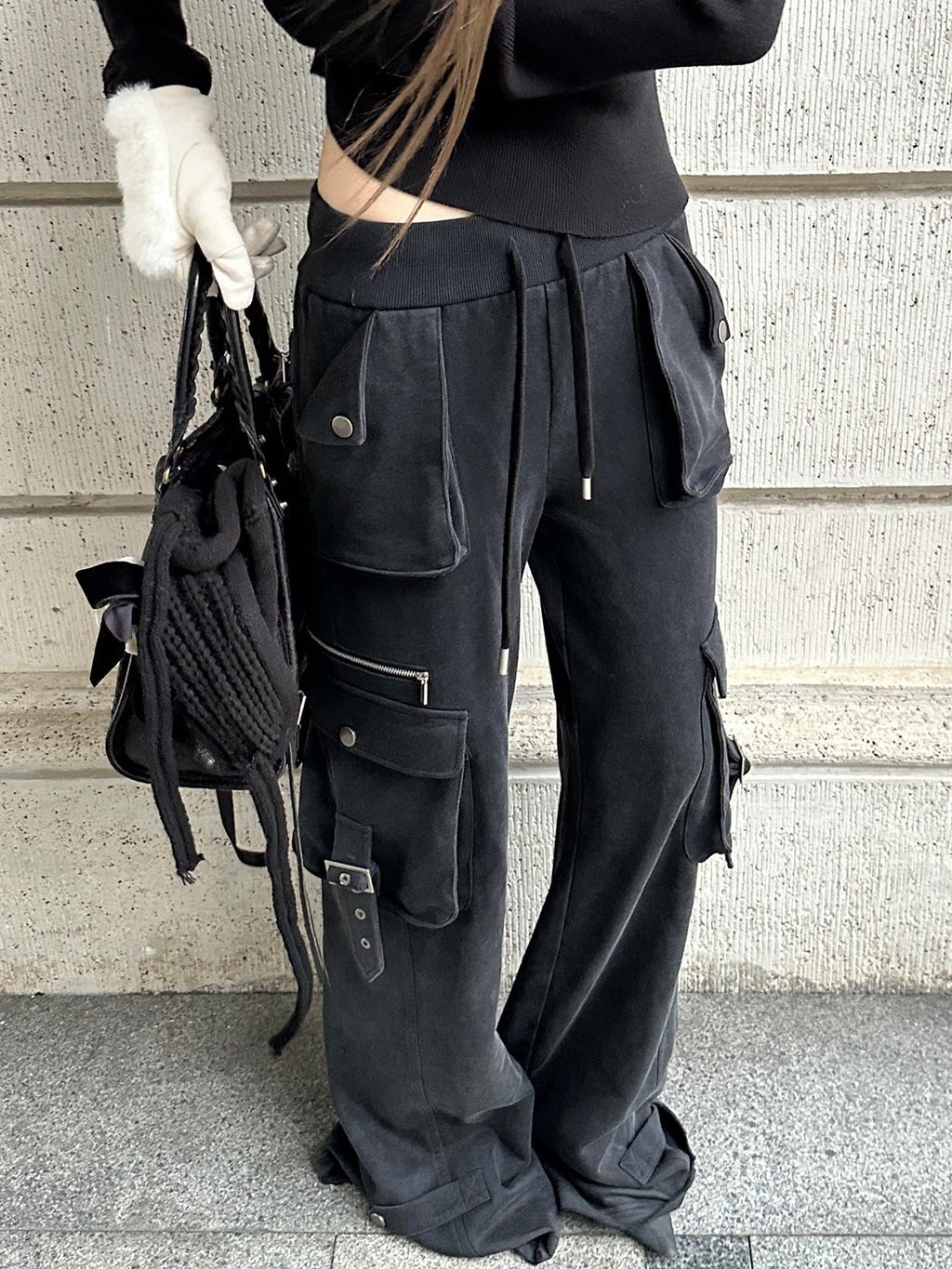 Rase le sol Washed Pocket Low Rise Straight Leg Cotton Women's Cargo Pants