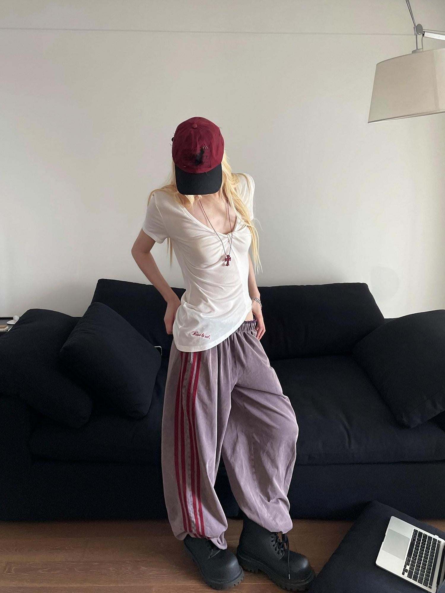 Rase le sol Washed Purple American Vintage Sweatpants Women's Wide-leg Pants