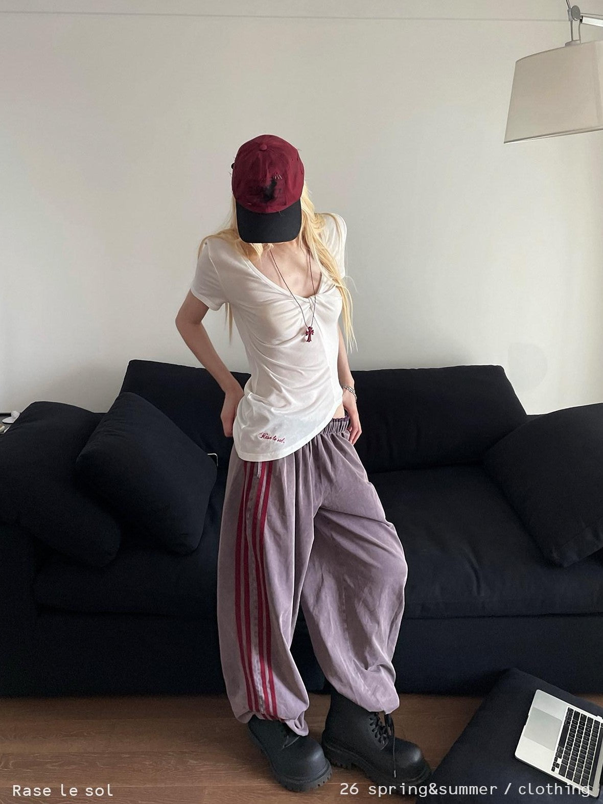 Rase le sol Washed Purple American Vintage Sweatpants Women's Wide-leg Pants