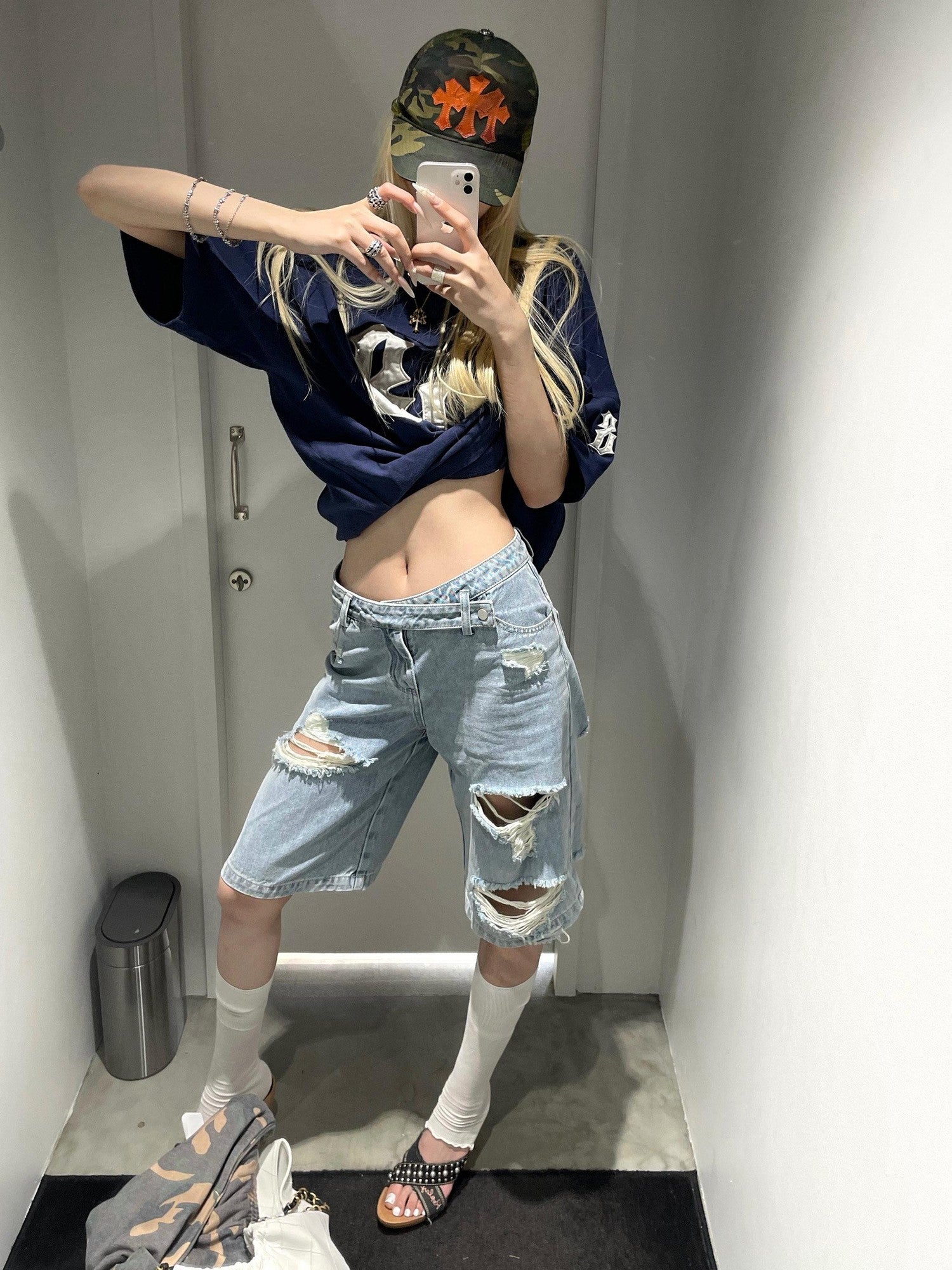 Rase le sol Washed Ripped Distressed American Vintage Women's Denim Bermuda Shorts
