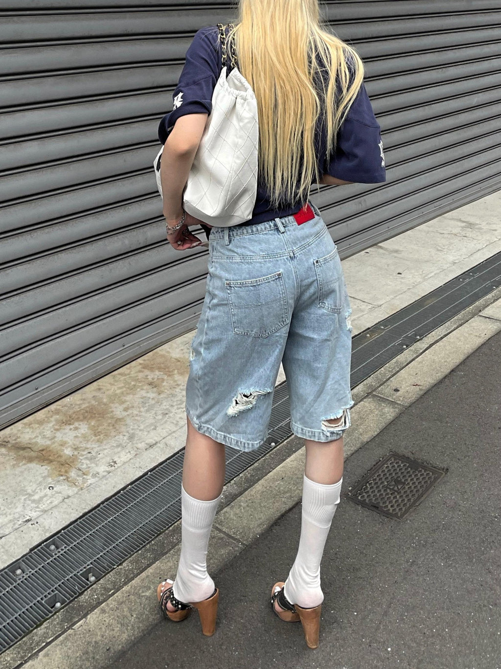 Rase le sol Washed Ripped Distressed American Vintage Women's Denim Bermuda Shorts