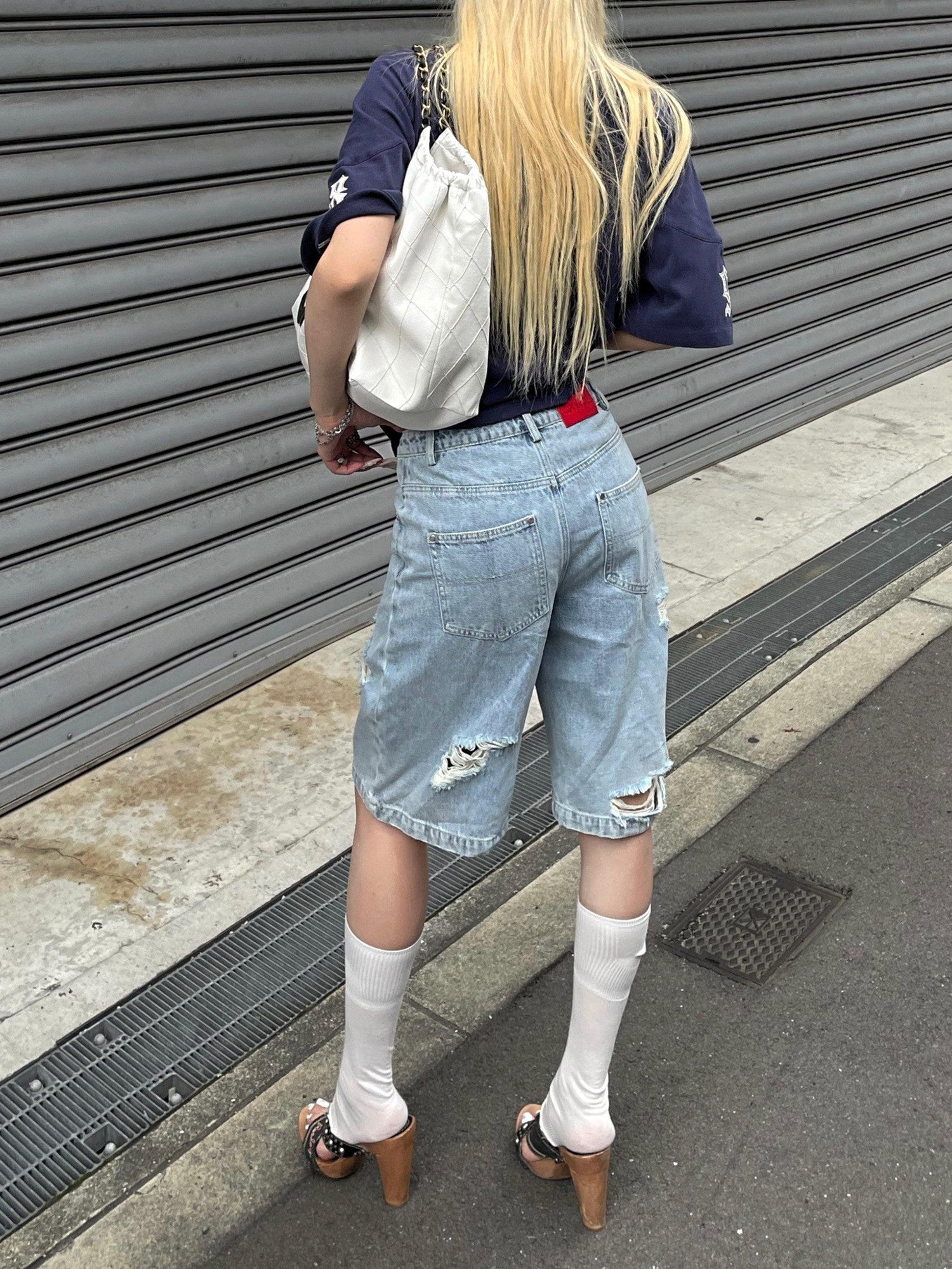 Rase le sol Washed Ripped Distressed American Vintage Women's Denim Bermuda Shorts