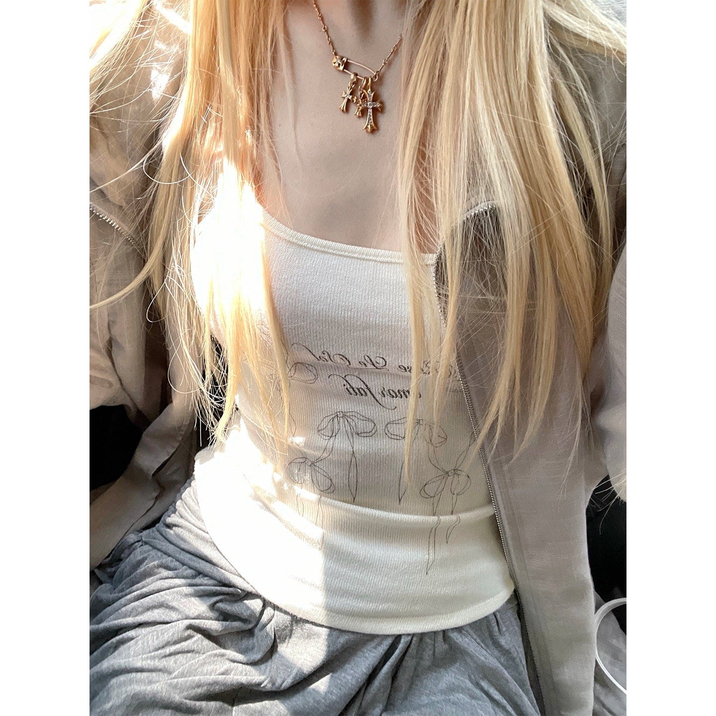 Rase_le_sol_White_Bow_Print_Spaghetti_Strap_Inner_Layering_Women's_Camisoles_1030323807335_MISSTT