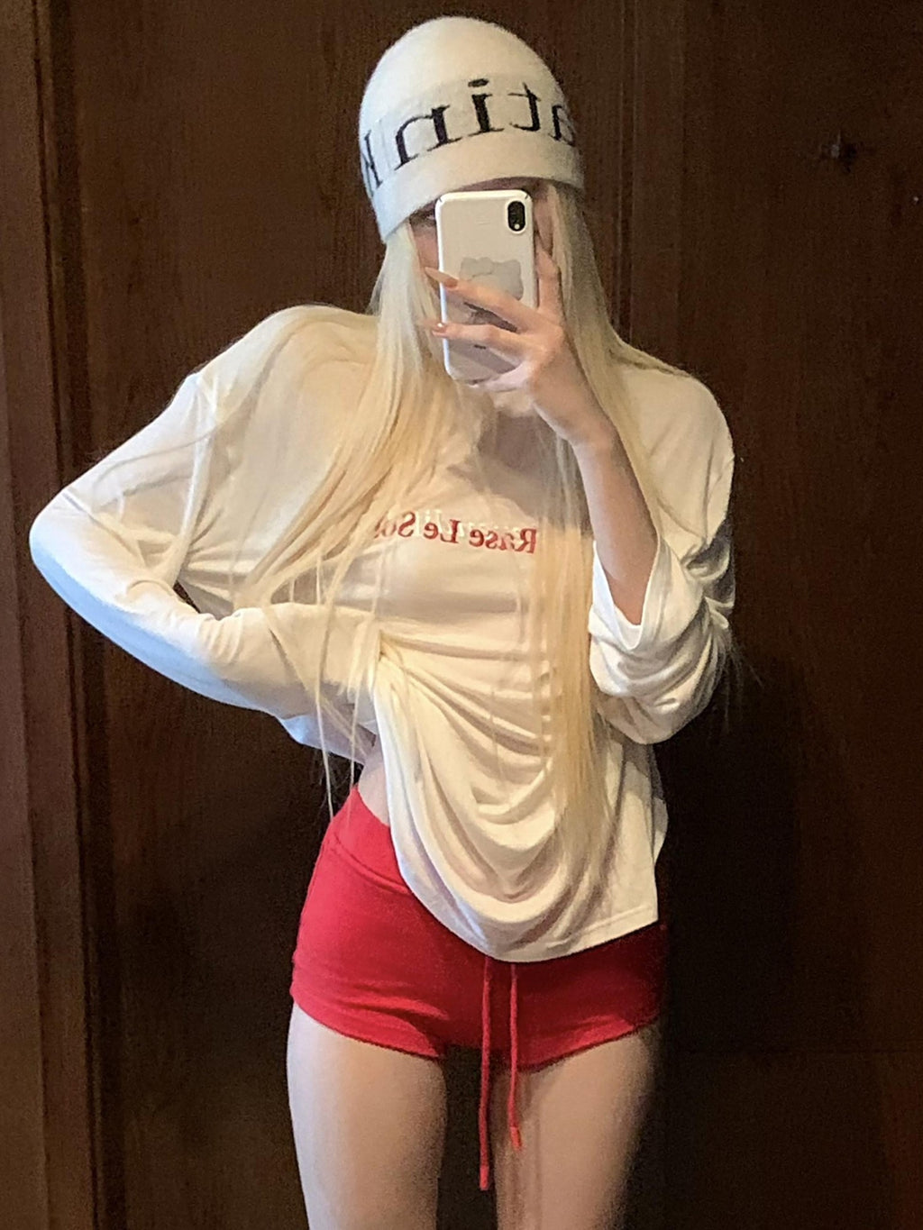 Rase le sol White Colorblock Letter Embroidery Relaxed Fit Women's Long Sleeve T-shirts