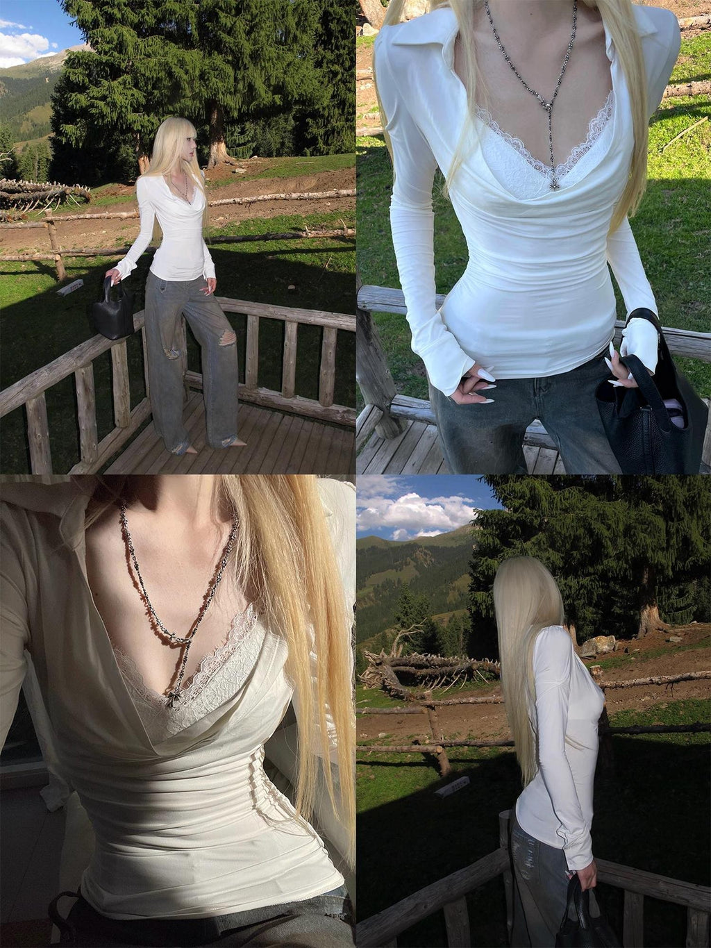 Rase le sol White Draped Neck Lace Puff Sleeve Two Piece Women's Viscose Long Sleeve T-shirts