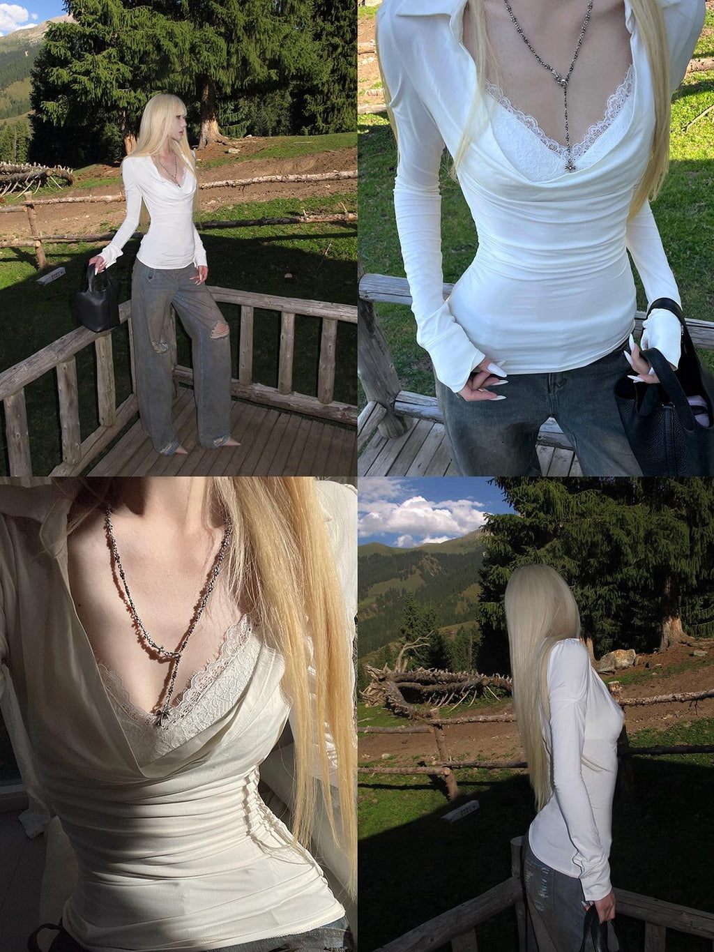 Rase le sol White Draped Neck Lace Puff Sleeve Two Piece Women's Viscose Long Sleeve T-shirts
