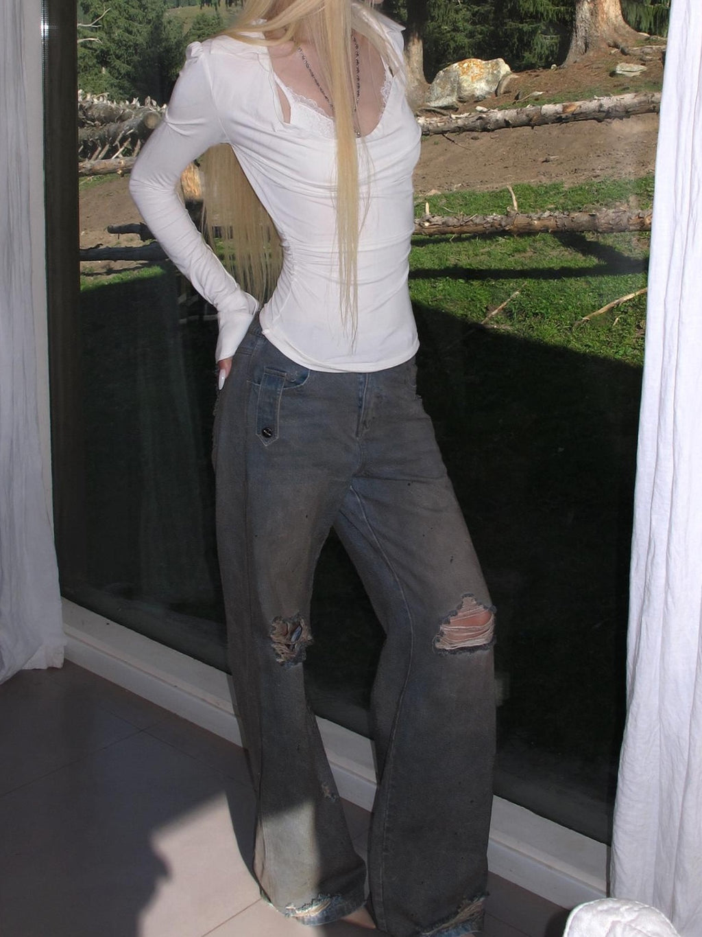 Rase le sol White Draped Neck Lace Puff Sleeve Two Piece Women's Viscose Long Sleeve T-shirts