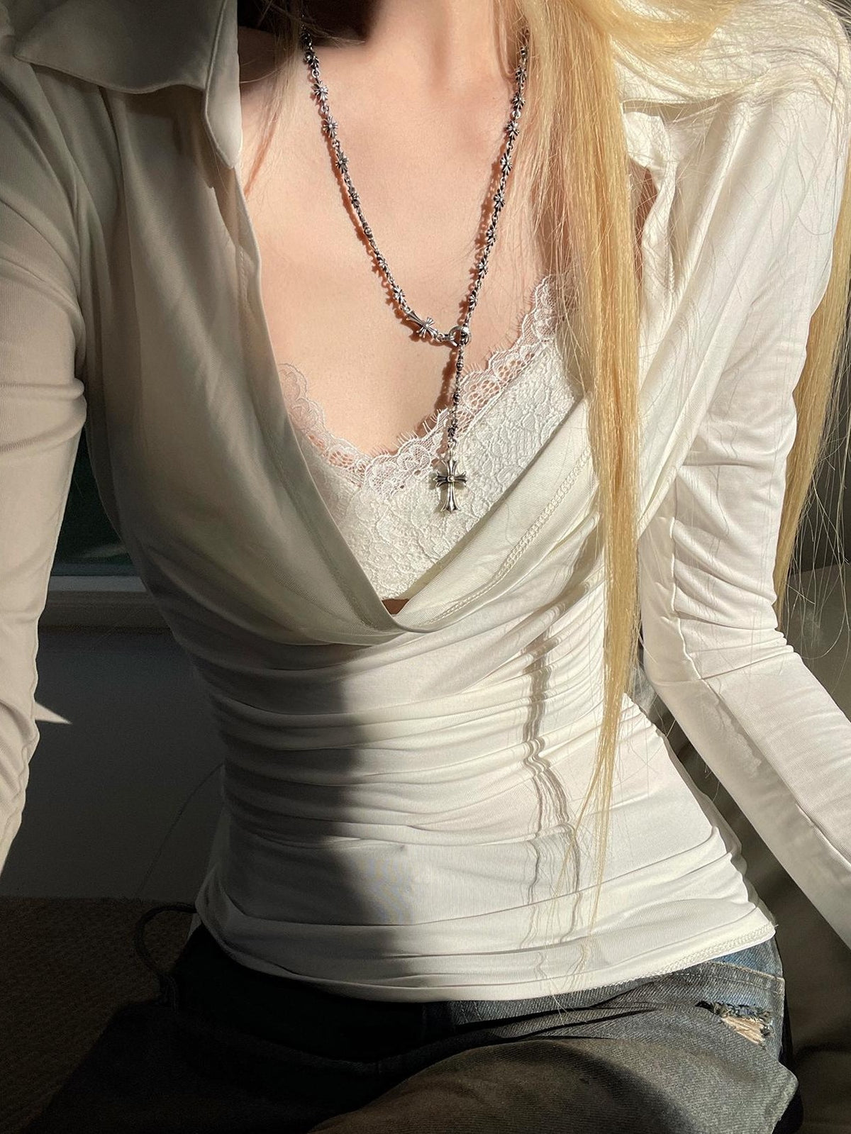 Rase le sol White Draped Neck Lace Puff Sleeve Two Piece Women's Viscose Long Sleeve T-shirts