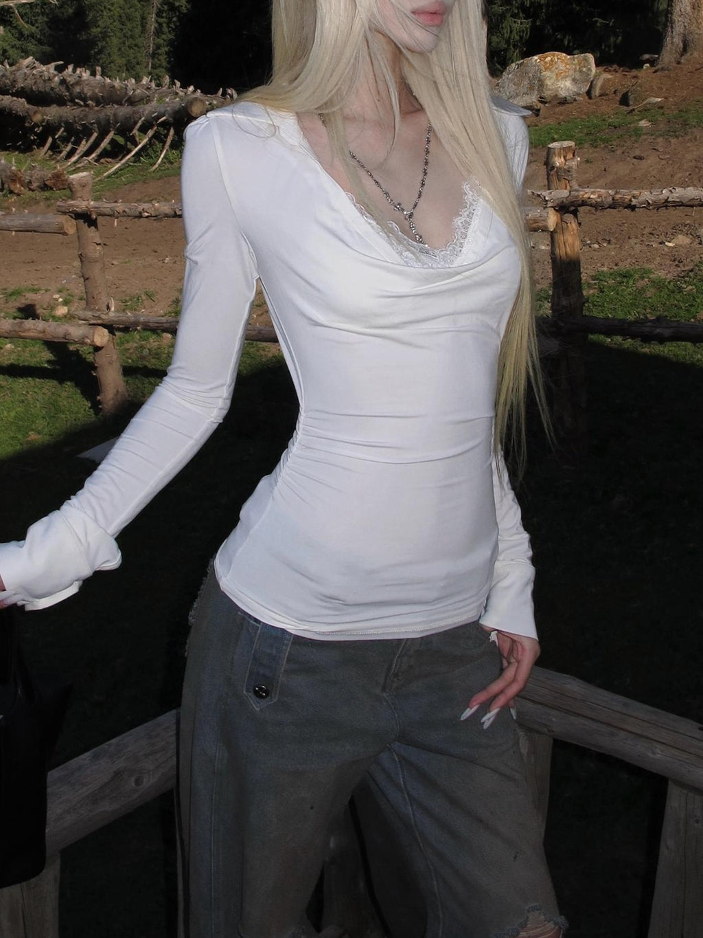Rase le sol White Draped Neck Lace Puff Sleeve Two Piece Women's Viscose Long Sleeve T-shirts