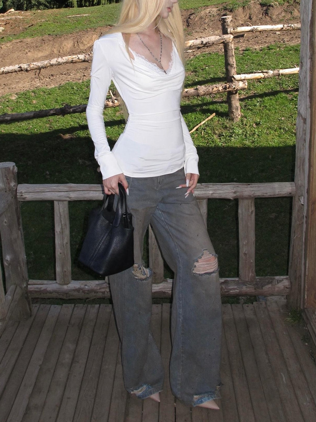 Rase le sol White Draped Neck Lace Puff Sleeve Two Piece Women's Viscose Long Sleeve T-shirts