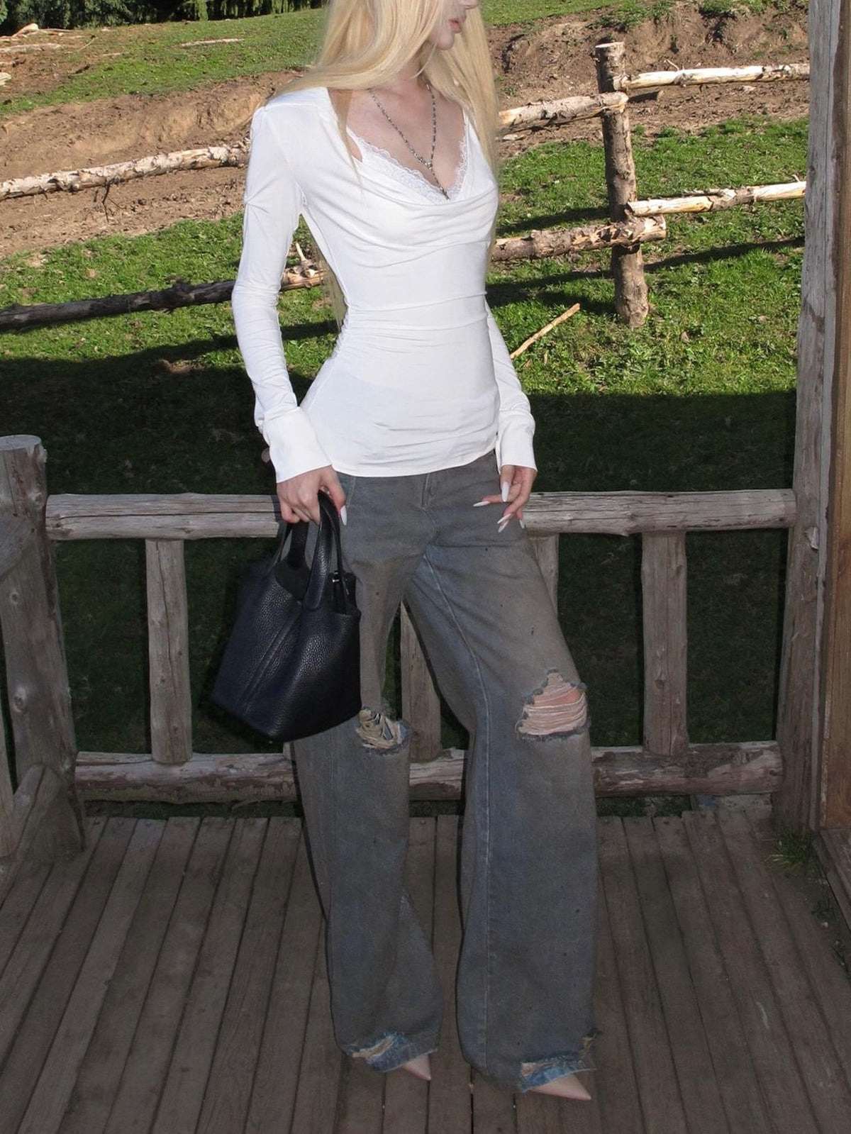 Rase le sol White Draped Neck Lace Puff Sleeve Two Piece Women's Viscose Long Sleeve T-shirts