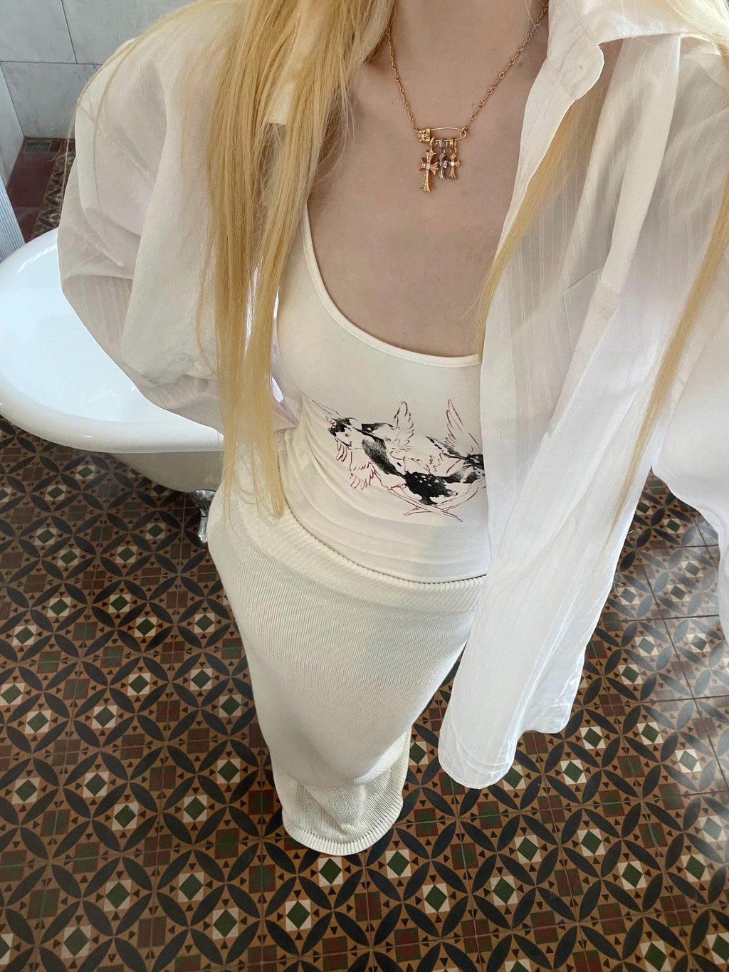 Rase le sol White Embroidered Striped Long Sleeve Sun Protection Women's Overshirts
