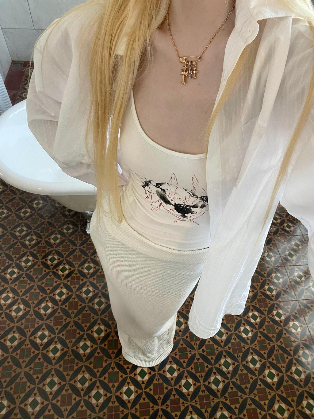 Rase le sol White Embroidered Striped Long Sleeve Sun Protection Women's Overshirts