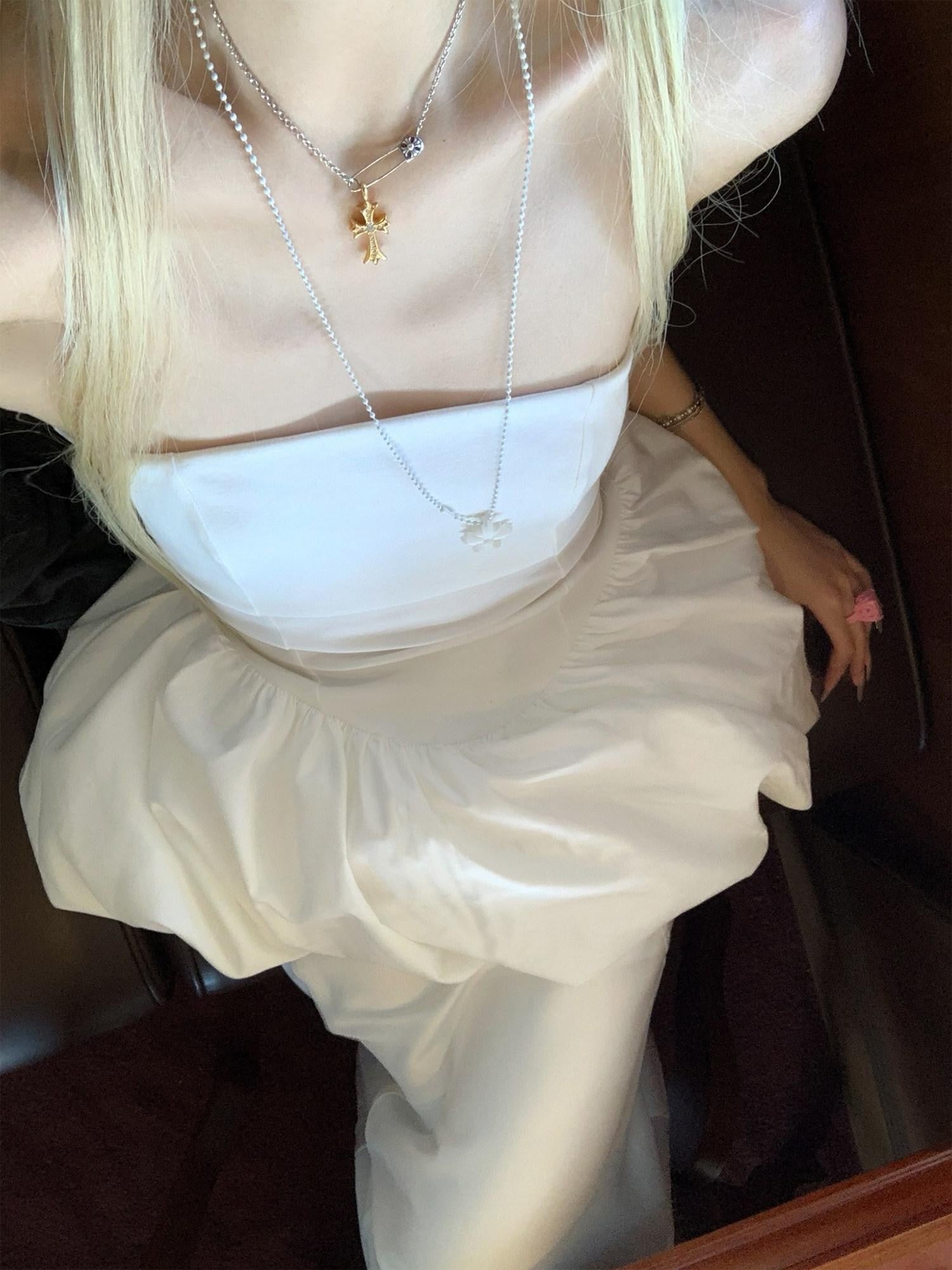 Rase le sol White Flower Bud Strapless Cinched Waist Puff Skirt Women's Tube Mini Dresses