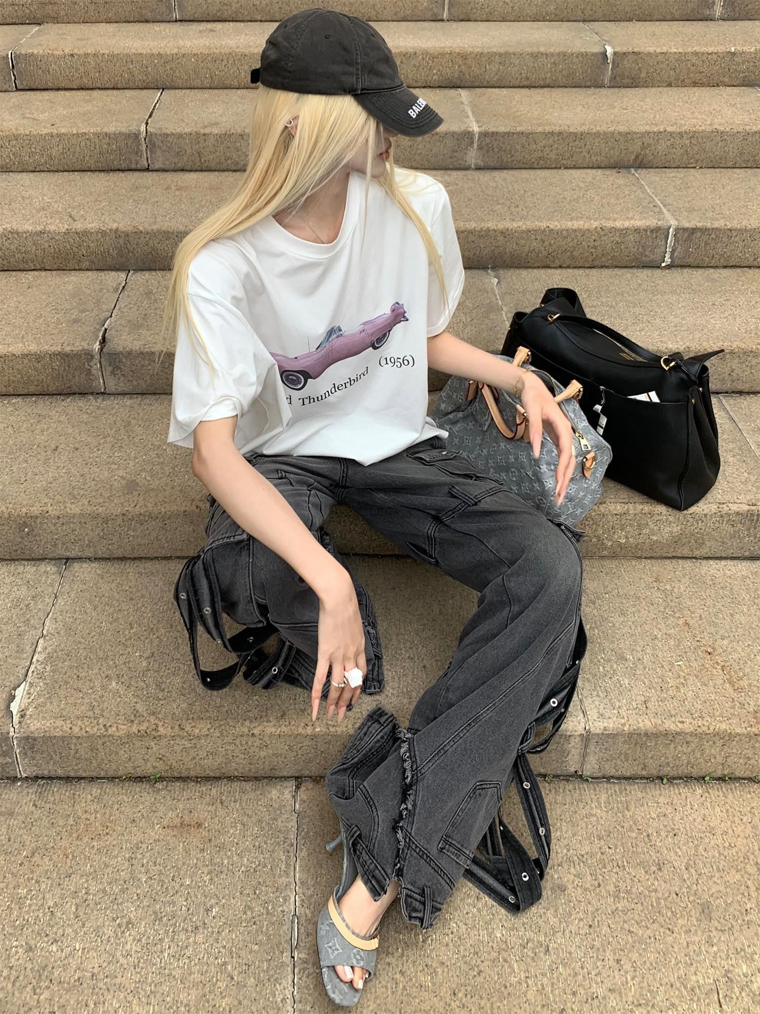 Rase le sol White Galloping Free American Graphic Print Women's Oversized T-shirts
