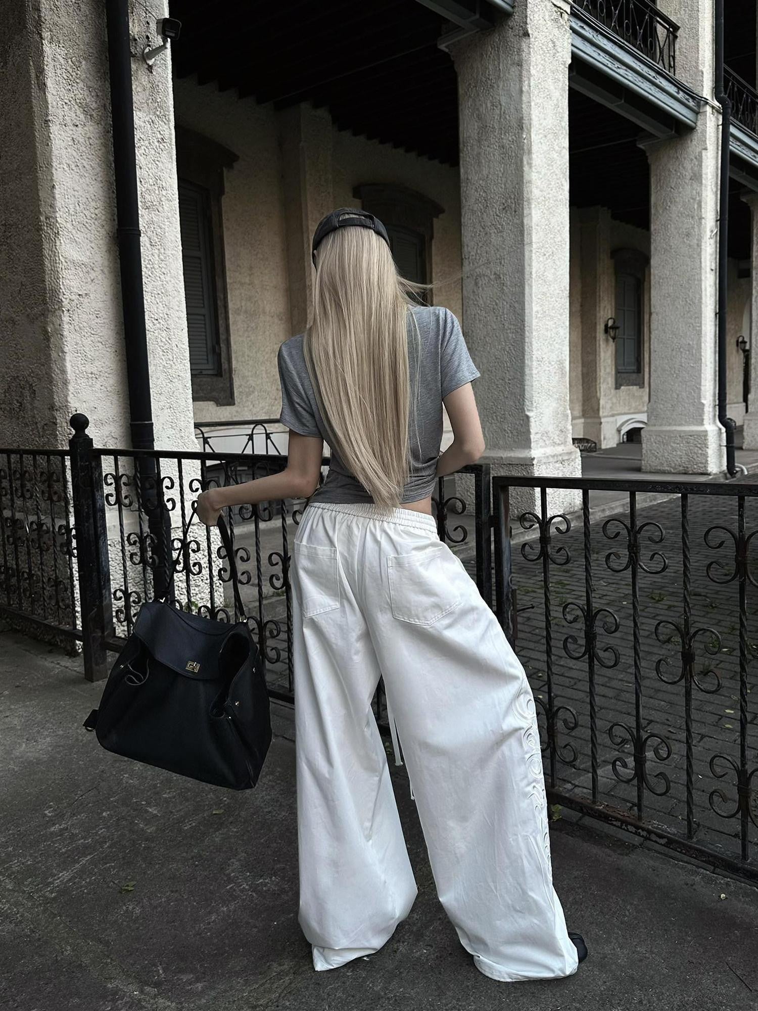 Rase le sol White Letter Embroidered Loose Straight Women's Wide-leg Pants
