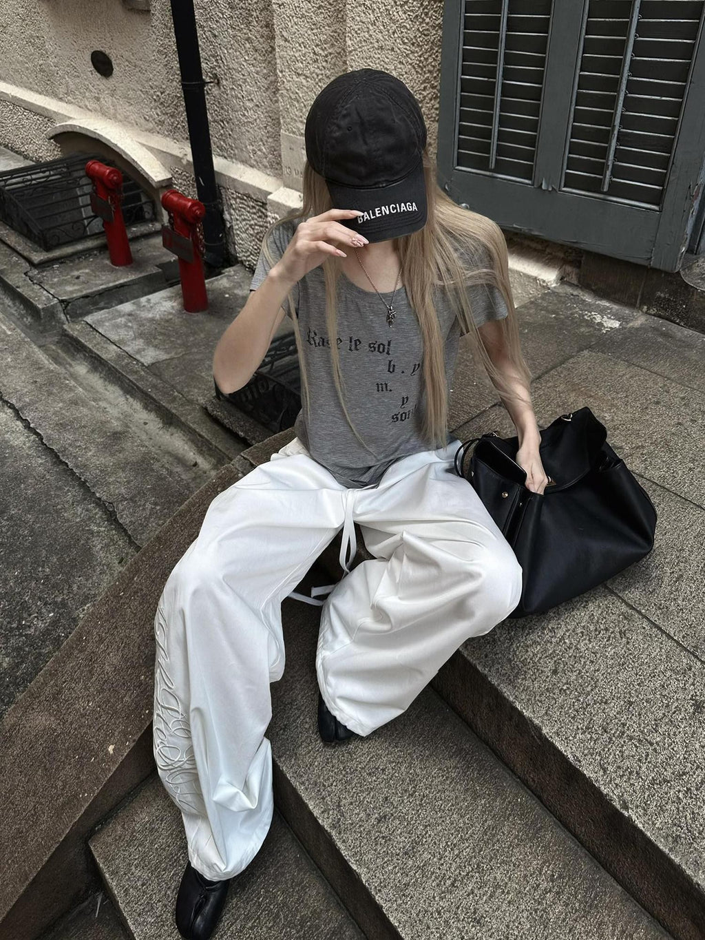 Rase le sol White Letter Embroidered Loose Straight Women's Wide-leg Pants
