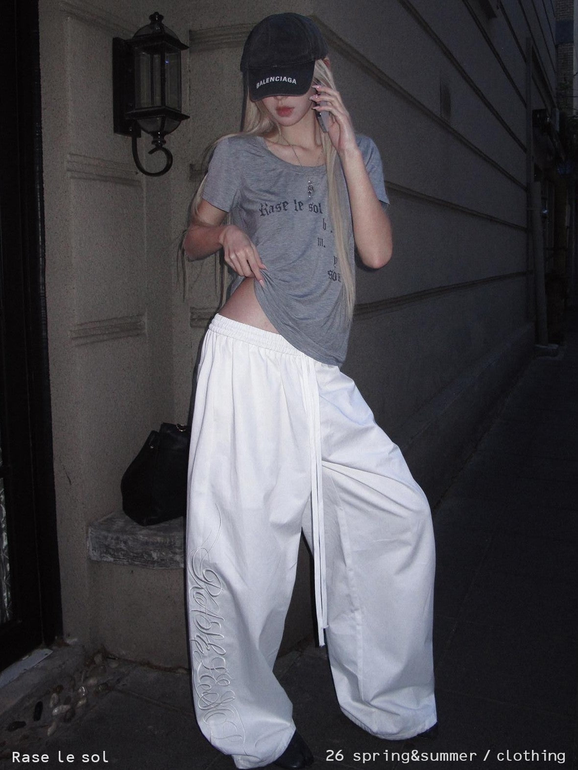 Rase le sol White Letter Embroidered Loose Straight Women's Wide-leg Pants