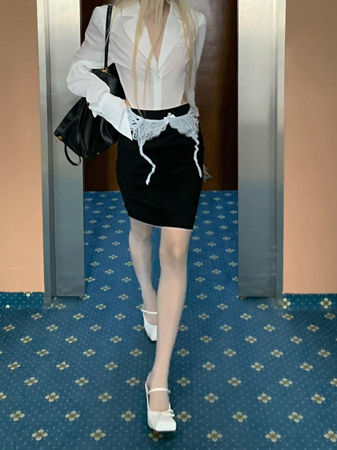 Rase le sol White One Piece Waist Cinching Structured Long Sleeve Women's Blouses