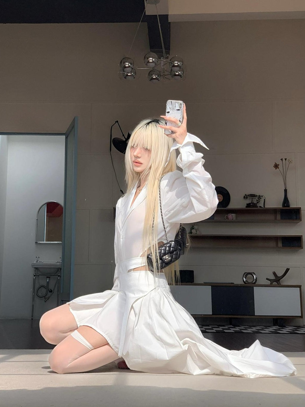 Rase le sol White One Piece Waist Cinching Structured Long Sleeve Women's Blouses