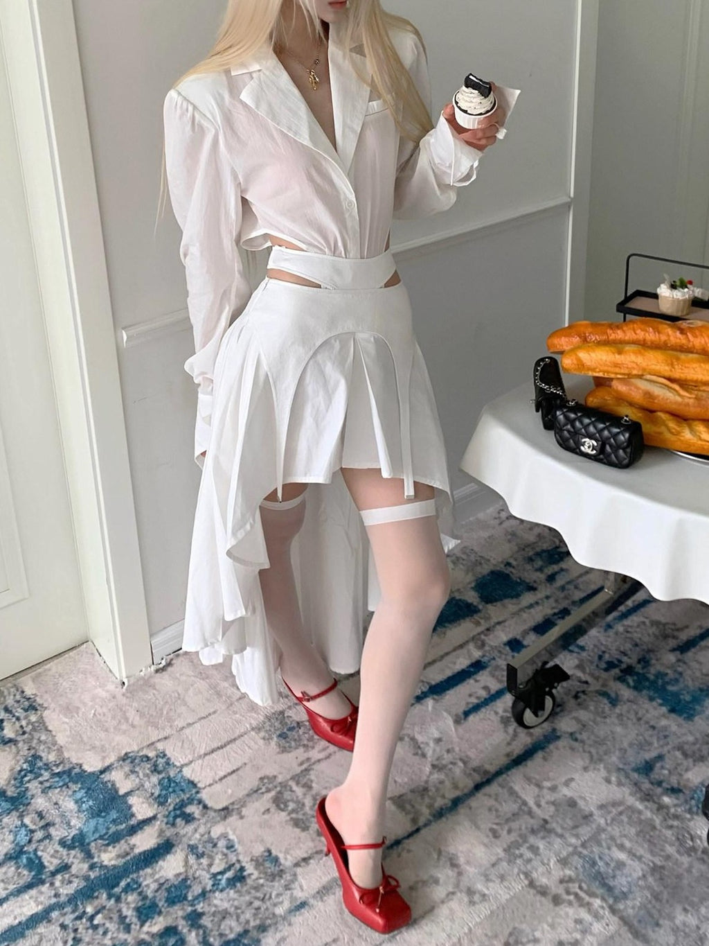 Rase le sol White One Piece Waist Cinching Structured Long Sleeve Women's Blouses