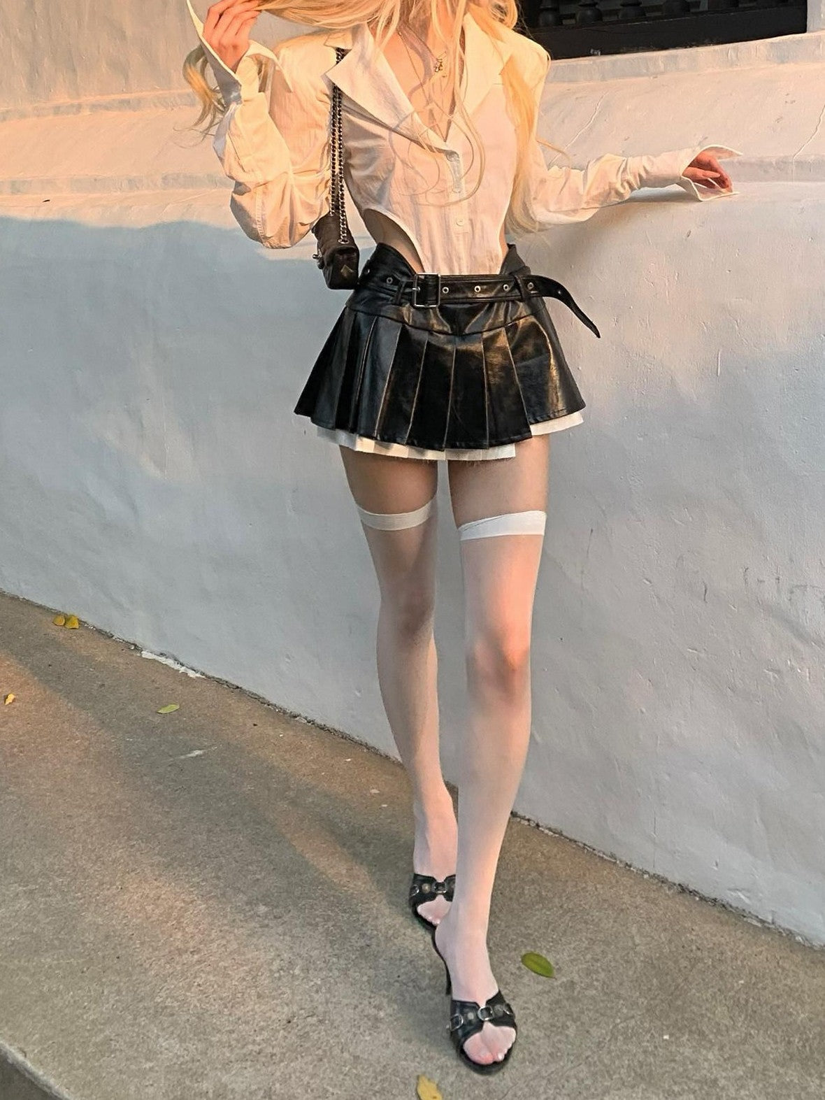 Rase le sol White One Piece Waist Cinching Structured Long Sleeve Women's Blouses