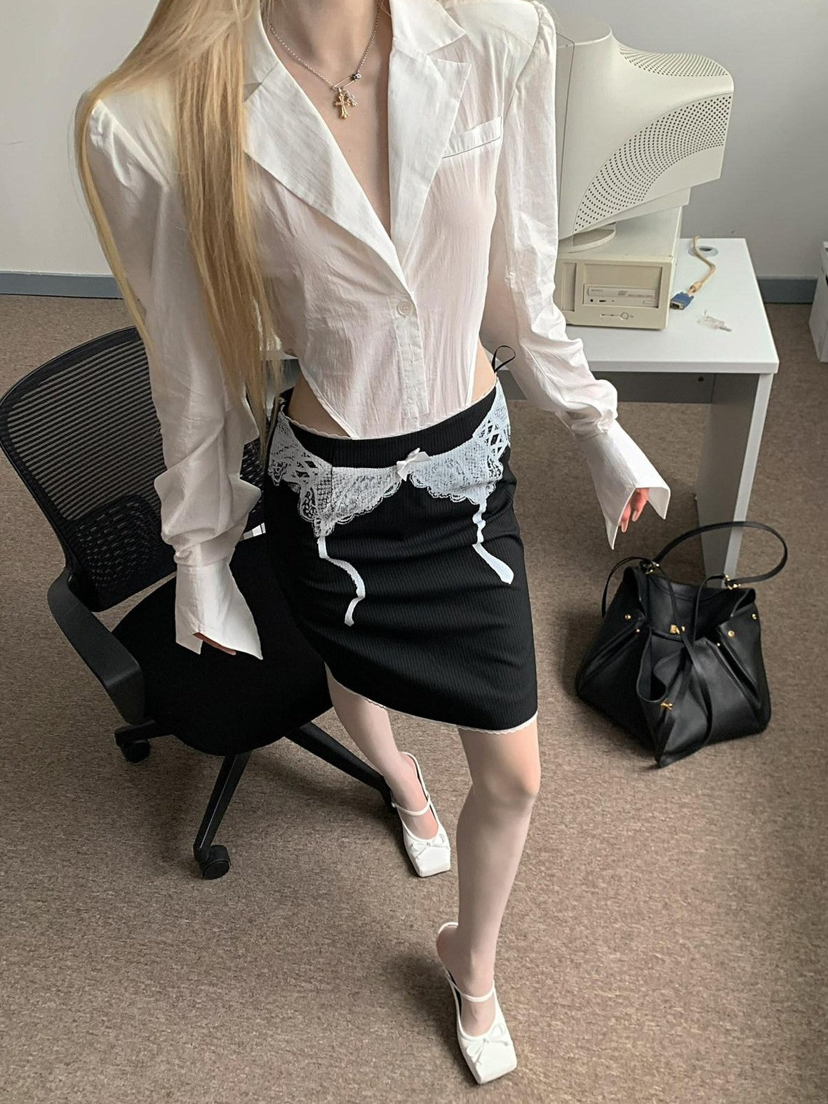 Rase le sol White One Piece Waist Cinching Structured Long Sleeve Women's Blouses